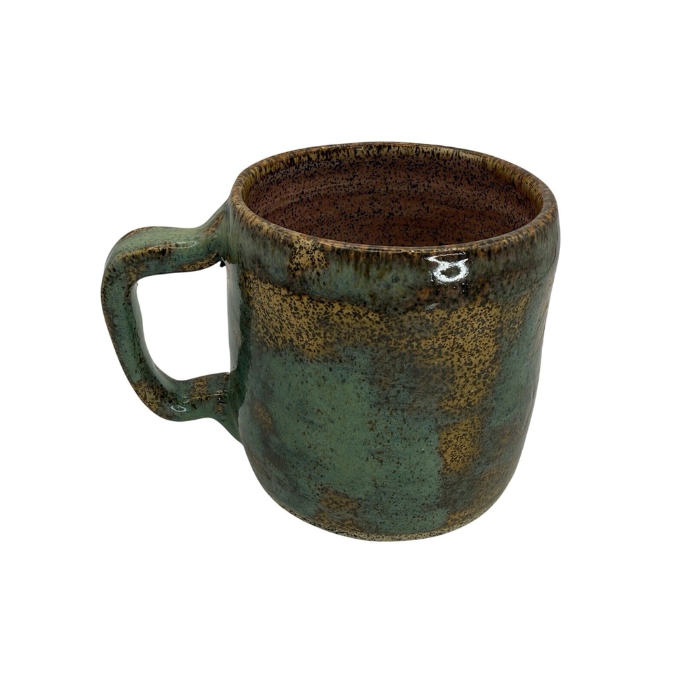 Signed Studio Pottery Mug Handmade Stoneware Teal Brown Reactive Glaze Artisan